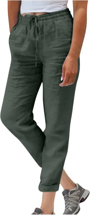 Womens Plus Size Linen Pants Summer Casual Boho Drawstring High Waisted Pants Loose Fit Lounge Trousers