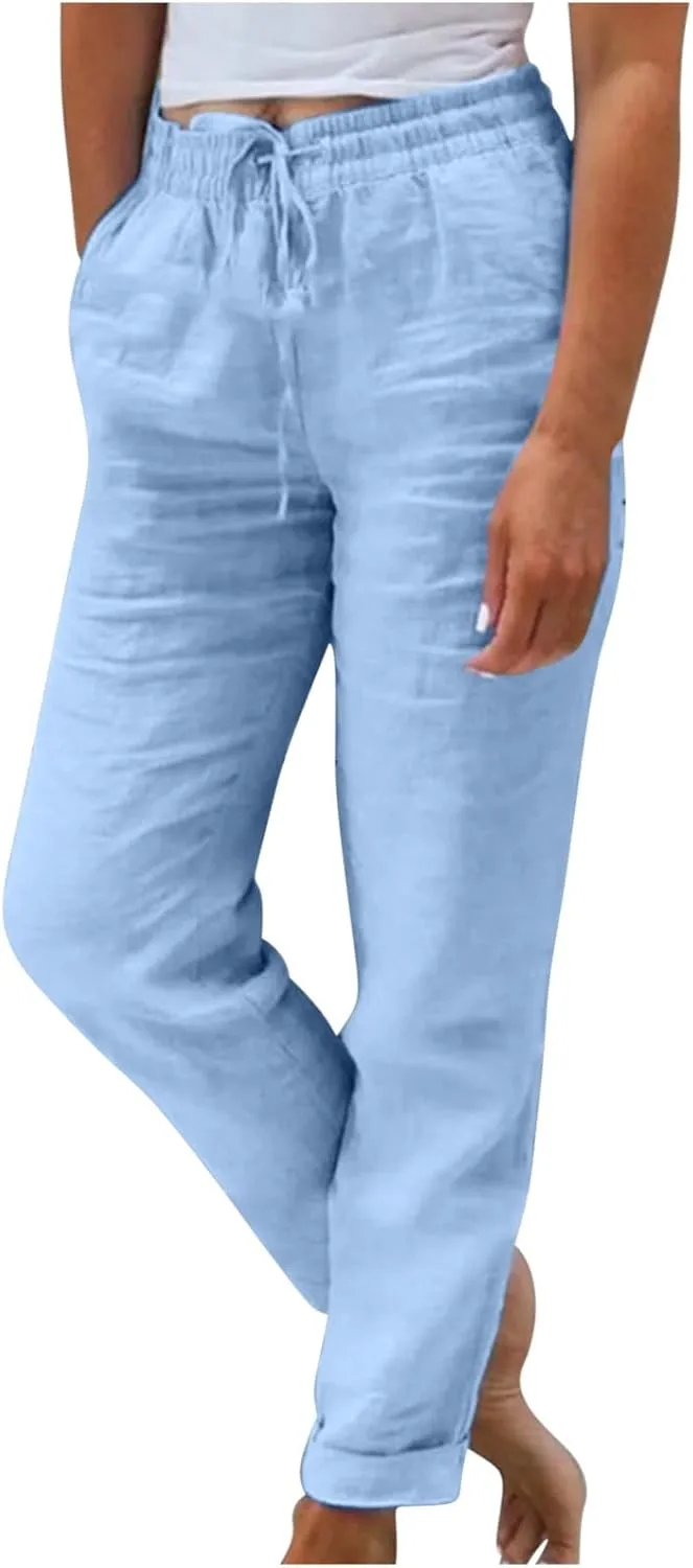 Womens Plus Size Linen Pants Summer Casual Boho Drawstring High Waisted Pants Loose Fit Lounge Trousers