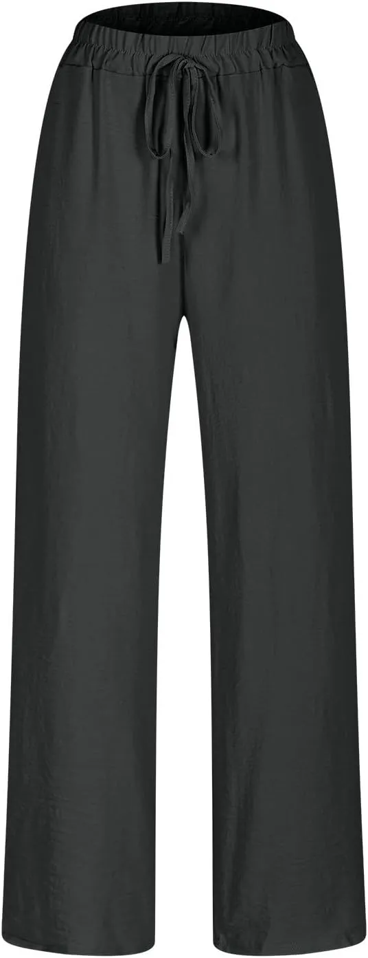 Womens Plus Size Linen Pants Summer Casual Boho Drawstring High Waisted Pants Loose Fit Lounge Trousers