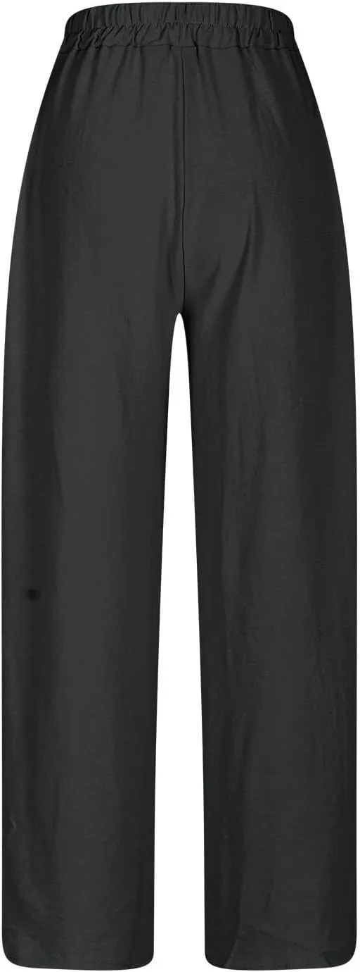 Womens Plus Size Linen Pants Summer Casual Boho Drawstring High Waisted Pants Loose Fit Lounge Trousers