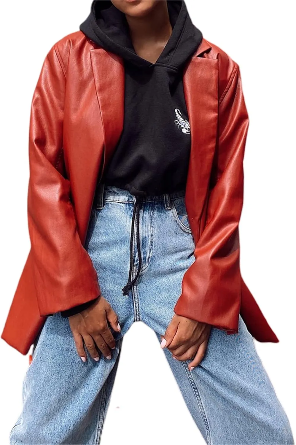 Womens PU Leather Blazer Coat, Long Sleeve Lapel Boyfriend Jacket Shacket Button Front Trench Coat Casual Streetwear