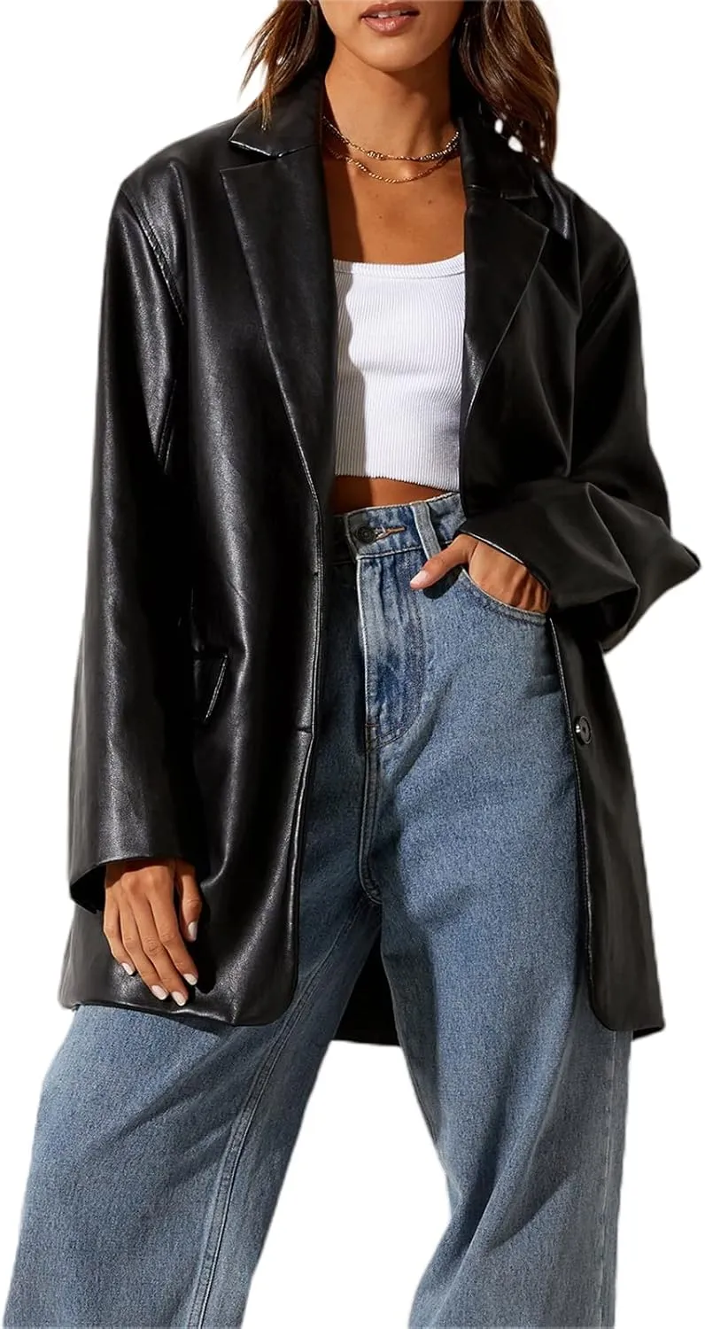 Womens PU Leather Blazer Coat, Long Sleeve Lapel Boyfriend Jacket Shacket Button Front Trench Coat Casual Streetwear