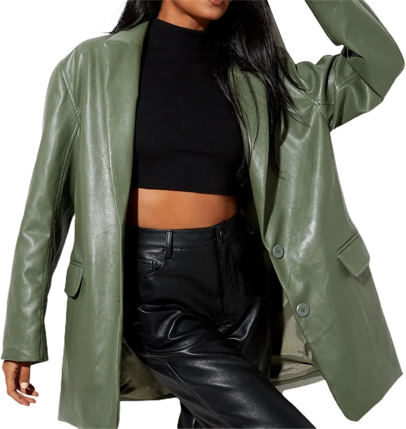Womens PU Leather Blazer Coat, Long Sleeve Lapel Boyfriend Jacket Shacket Button Front Trench Coat Casual Streetwear