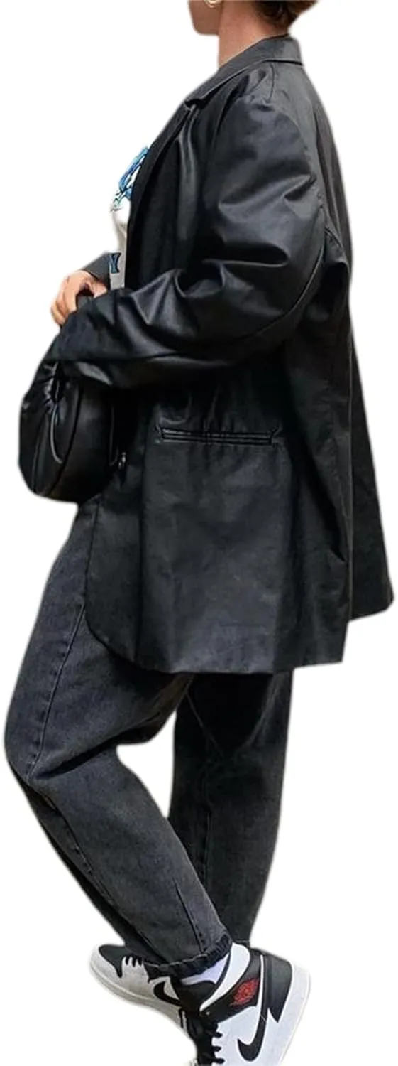 Womens PU Leather Blazer Coat, Long Sleeve Lapel Boyfriend Jacket Shacket Button Front Trench Coat Casual Streetwear
