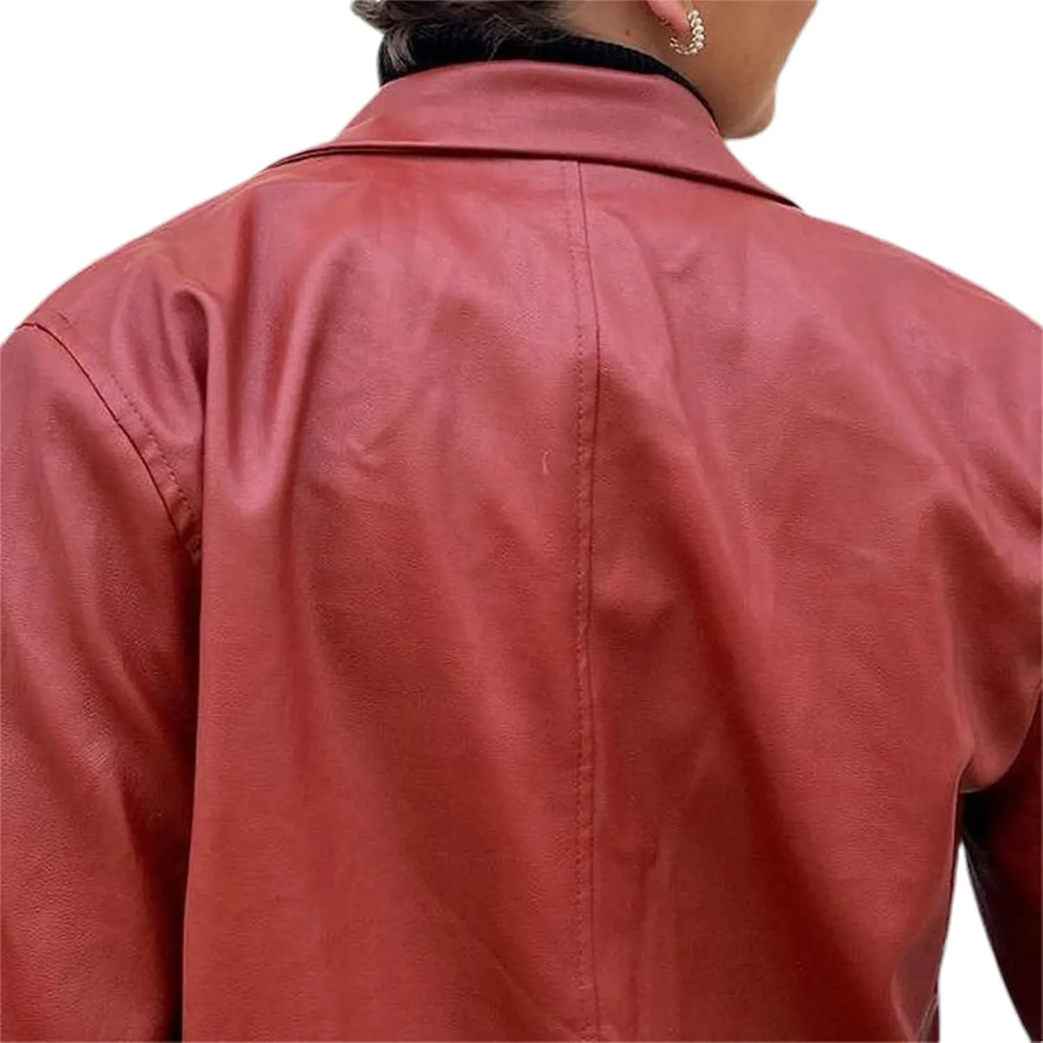 Womens PU Leather Blazer Coat, Long Sleeve Lapel Boyfriend Jacket Shacket Button Front Trench Coat Casual Streetwear
