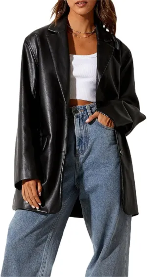 Womens PU Leather Blazer Coat, Long Sleeve Lapel Boyfriend Jacket Shacket Button Front Trench Coat Casual Streetwear