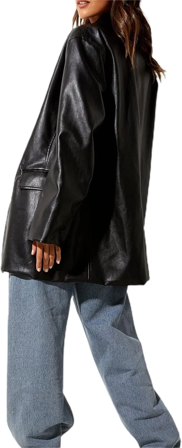Womens PU Leather Blazer Coat, Long Sleeve Lapel Boyfriend Jacket Shacket Button Front Trench Coat Casual Streetwear