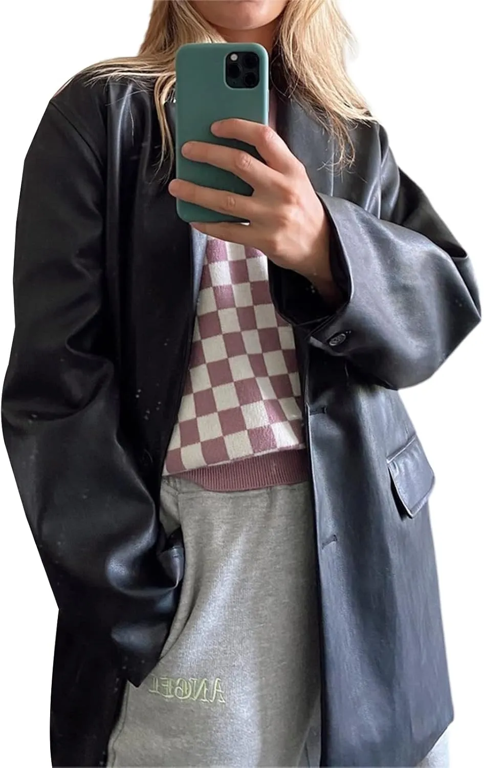 Womens PU Leather Blazer Coat, Long Sleeve Lapel Boyfriend Jacket Shacket Button Front Trench Coat Casual Streetwear