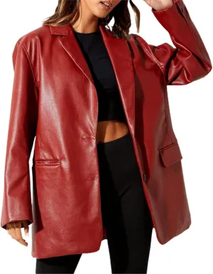 Womens PU Leather Blazer Coat, Long Sleeve Lapel Boyfriend Jacket Shacket Button Front Trench Coat Casual Streetwear