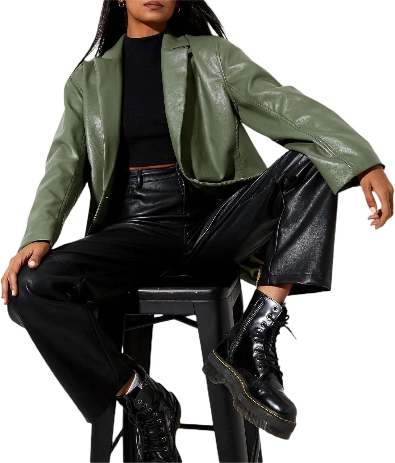 Womens PU Leather Blazer Coat, Long Sleeve Lapel Boyfriend Jacket Shacket Button Front Trench Coat Casual Streetwear