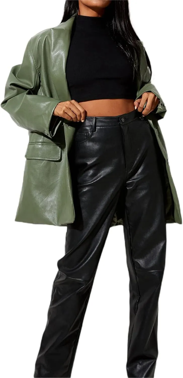 Womens PU Leather Blazer Coat, Long Sleeve Lapel Boyfriend Jacket Shacket Button Front Trench Coat Casual Streetwear