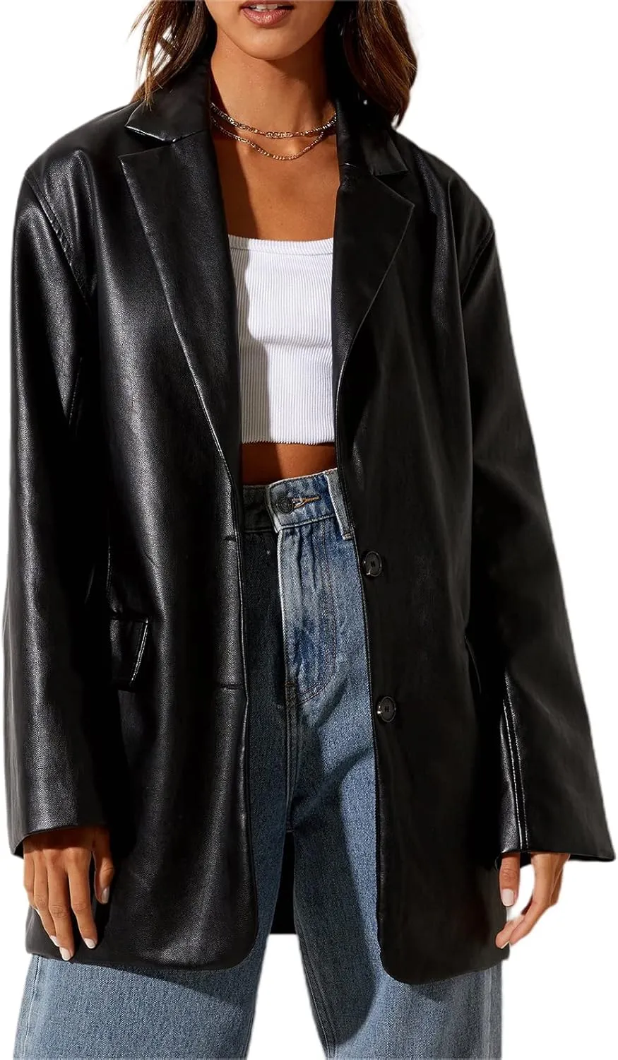 Womens PU Leather Blazer Coat, Long Sleeve Lapel Boyfriend Jacket Shacket Button Front Trench Coat Casual Streetwear