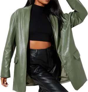 Womens PU Leather Blazer Coat, Long Sleeve Lapel Boyfriend Jacket Shacket Button Front Trench Coat Casual Streetwear