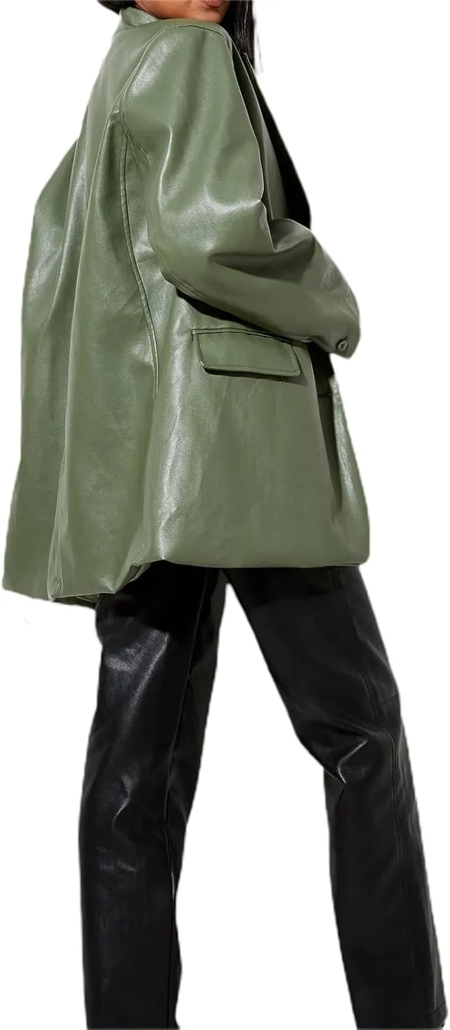 Womens PU Leather Blazer Coat, Long Sleeve Lapel Boyfriend Jacket Shacket Button Front Trench Coat Casual Streetwear