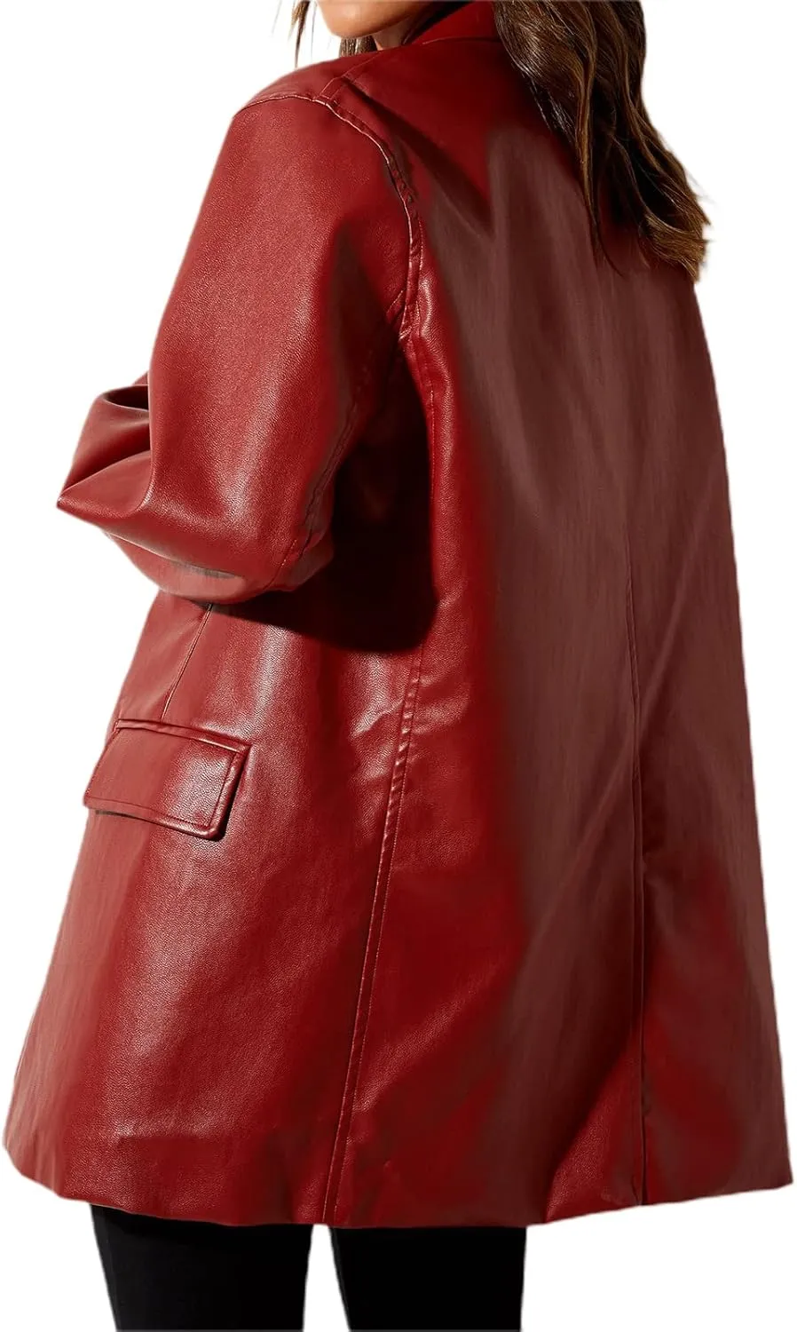 Womens PU Leather Blazer Coat, Long Sleeve Lapel Boyfriend Jacket Shacket Button Front Trench Coat Casual Streetwear