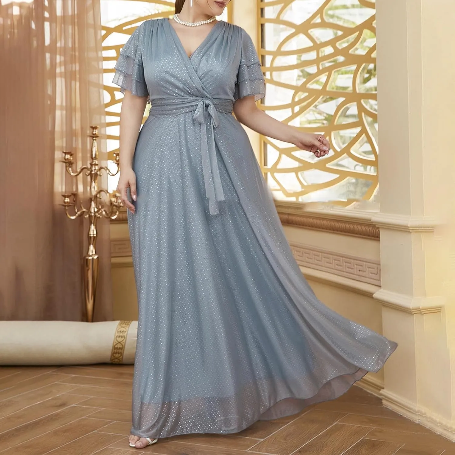 Women's Ruffle Sleeve Chiffon Mother of The Bride Maxi Dress Wrap V Neck Tie Front Polka Dot Long Formal Evening Dresses