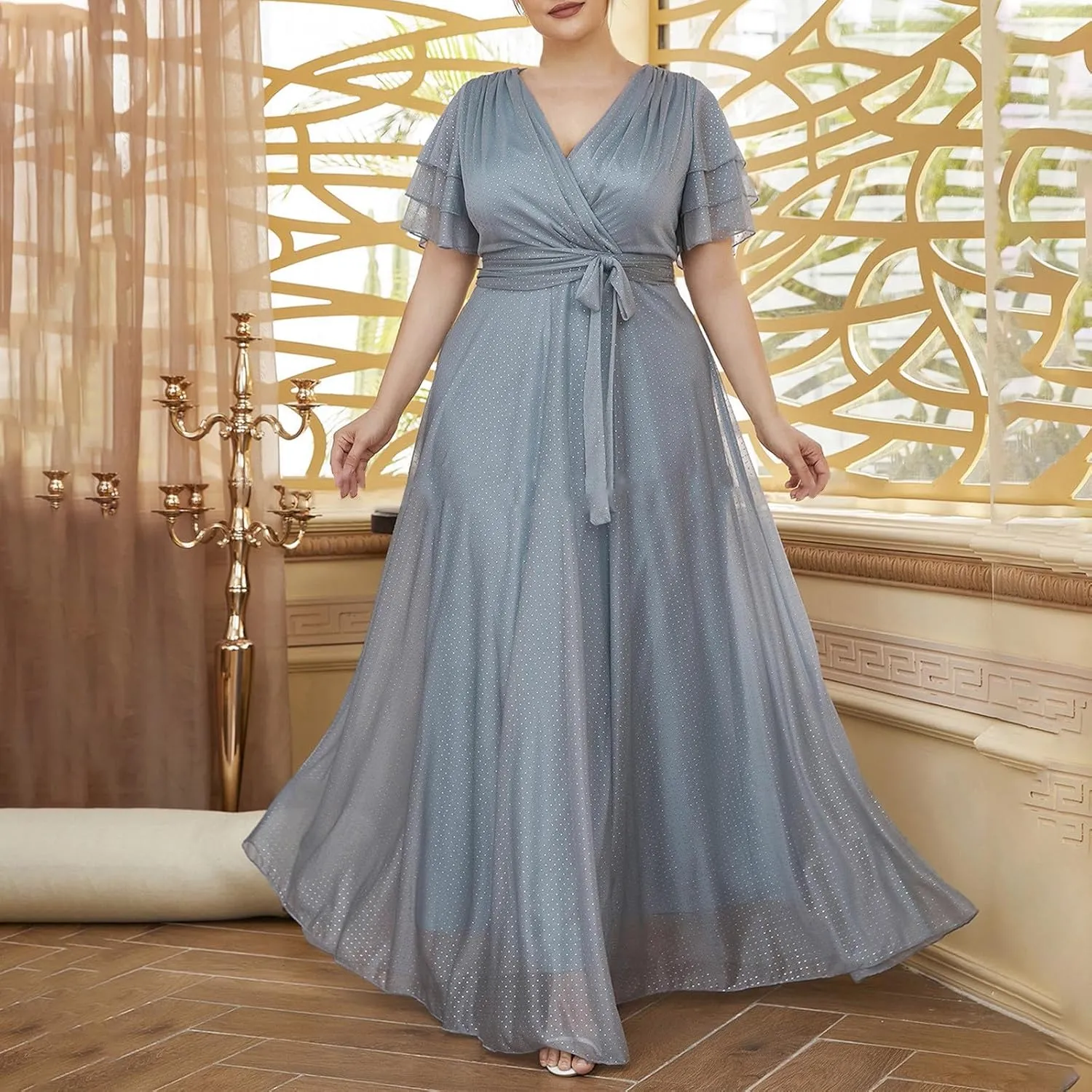 Women's Ruffle Sleeve Chiffon Mother of The Bride Maxi Dress Wrap V Neck Tie Front Polka Dot Long Formal Evening Dresses