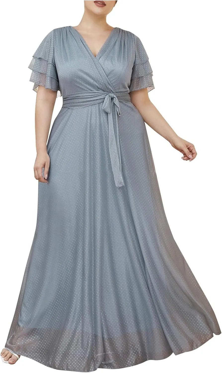 Women's Ruffle Sleeve Chiffon Mother of The Bride Maxi Dress Wrap V Neck Tie Front Polka Dot Long Formal Evening Dresses