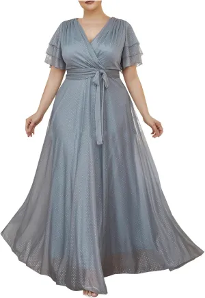 Women's Ruffle Sleeve Chiffon Mother of The Bride Maxi Dress Wrap V Neck Tie Front Polka Dot Long Formal Evening Dresses