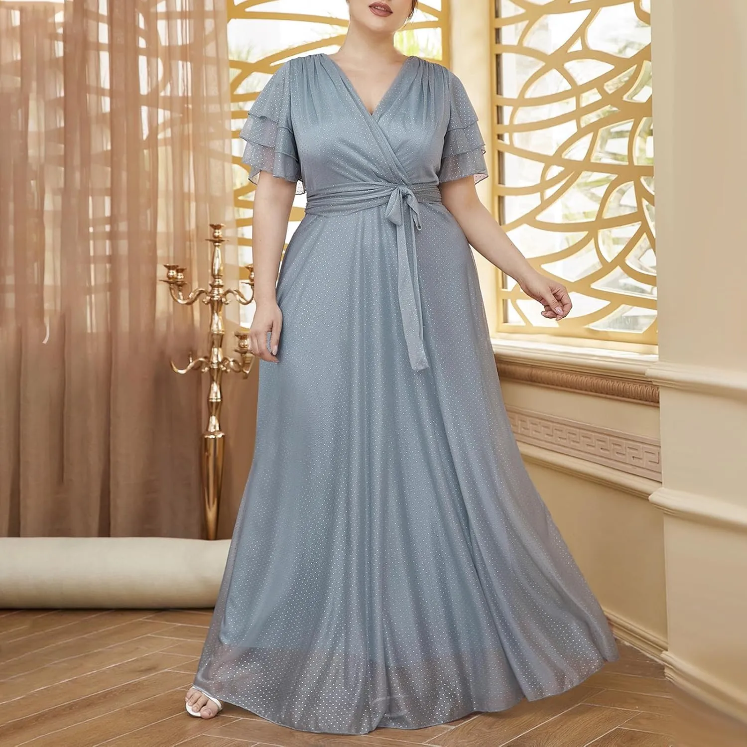 Women's Ruffle Sleeve Chiffon Mother of The Bride Maxi Dress Wrap V Neck Tie Front Polka Dot Long Formal Evening Dresses