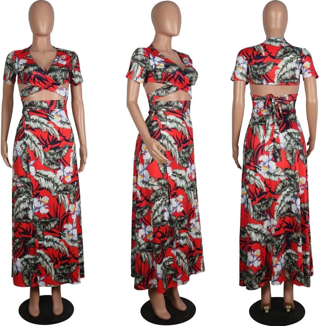 Womens Sexy 2 Piece Outfits Floral Print V Neck Crop Top and High Split Maxi Skirt Sets