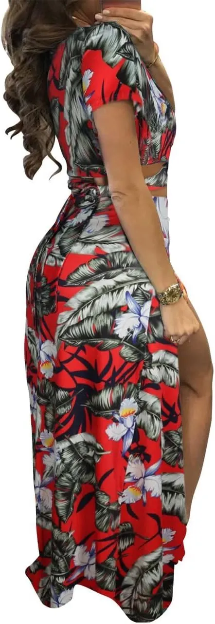 Womens Sexy 2 Piece Outfits Floral Print V Neck Crop Top and High Split Maxi Skirt Sets