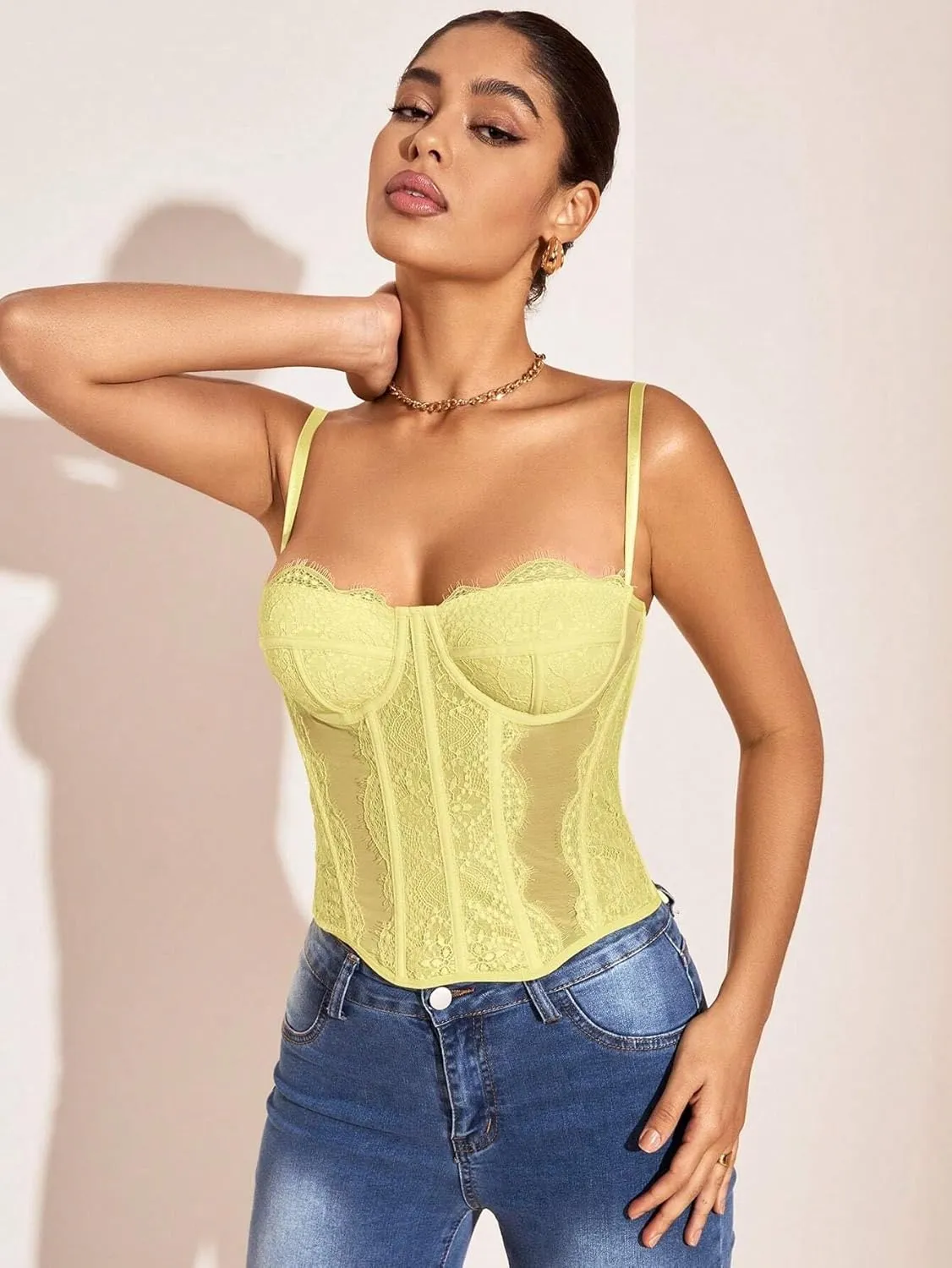Women's Shirts Solid Color Lace Splice Mesh Camisole Top Fashion Camis Tank Tops