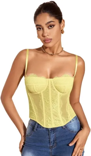 Women's Shirts Solid Color Lace Splice Mesh Camisole Top Fashion Camis Tank Tops