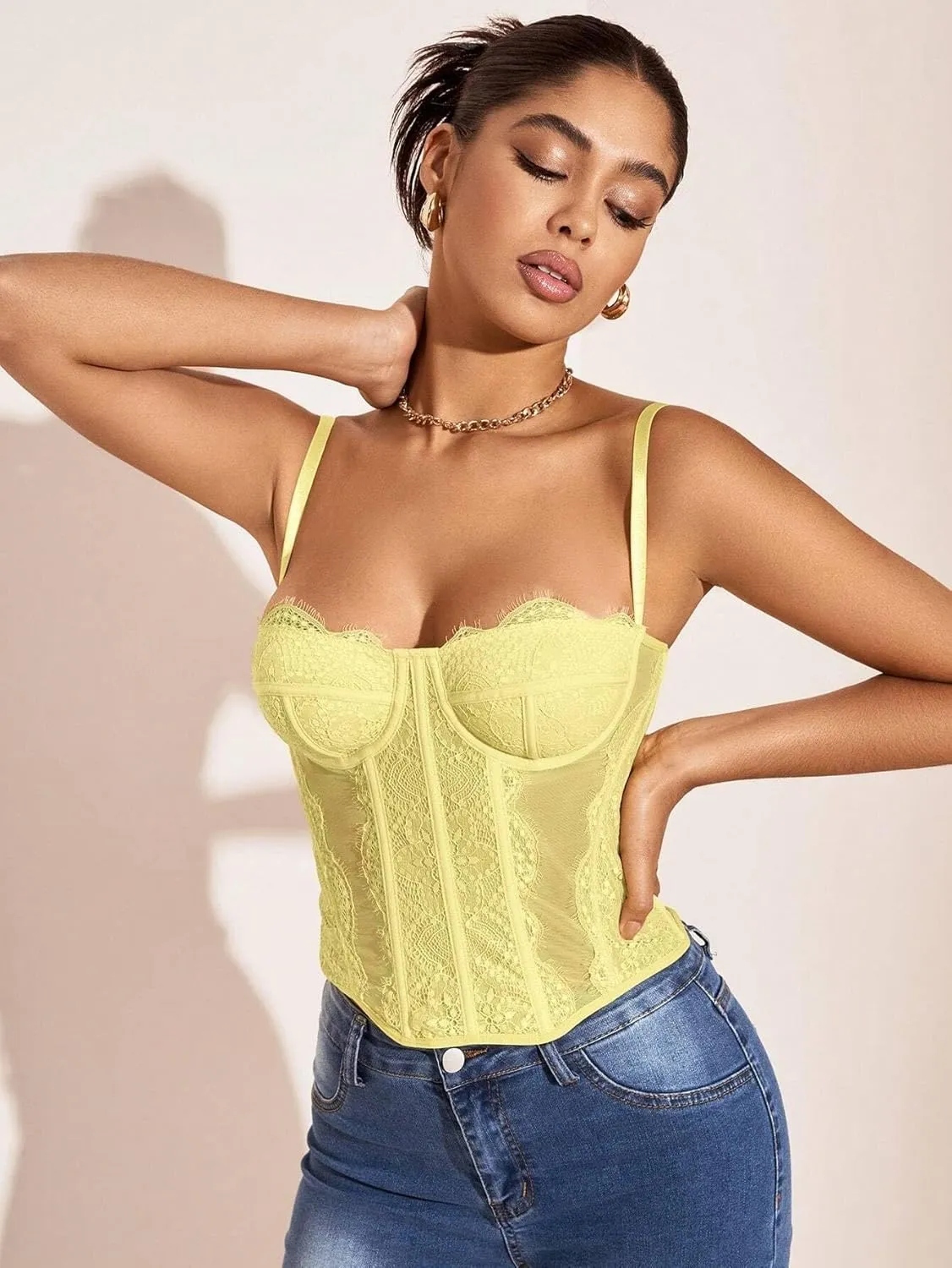 Women's Shirts Solid Color Lace Splice Mesh Camisole Top Fashion Camis Tank Tops