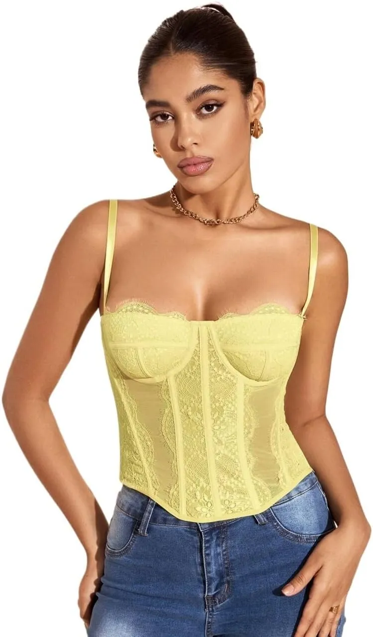 Women's Shirts Solid Color Lace Splice Mesh Camisole Top Fashion Camis Tank Tops