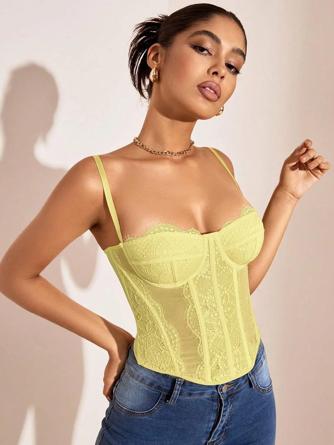Women's Shirts Solid Color Lace Splice Mesh Camisole Top Fashion Camis Tank Tops
