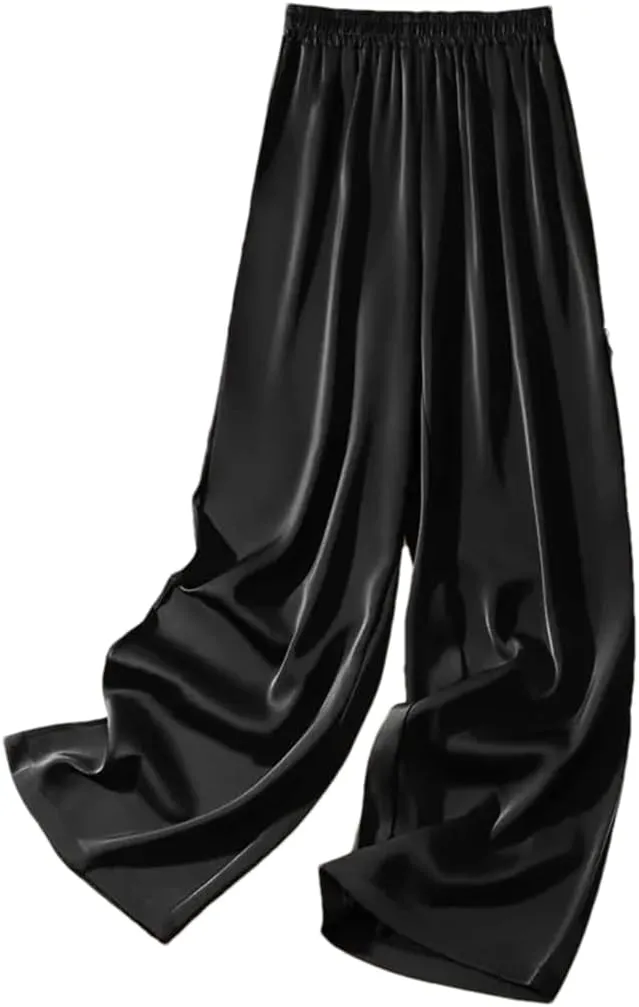 Women's Silky Wide Leg Pants High Waist Straight Casual Solid Satin Dance Trouser