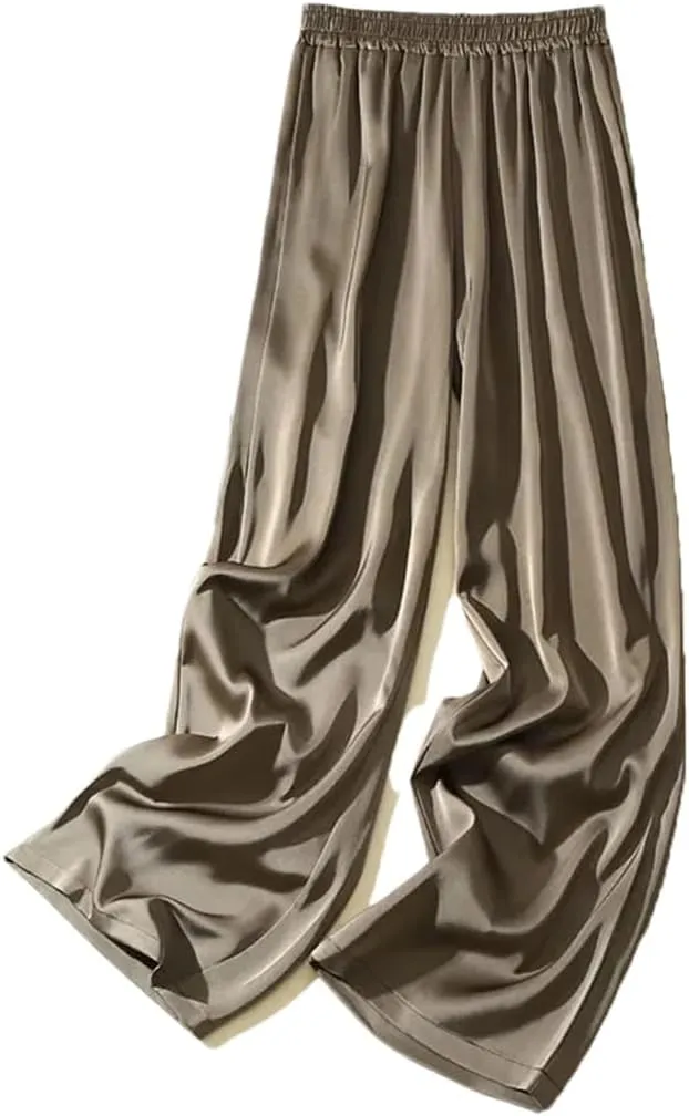 Women's Silky Wide Leg Pants High Waist Straight Casual Solid Satin Dance Trouser