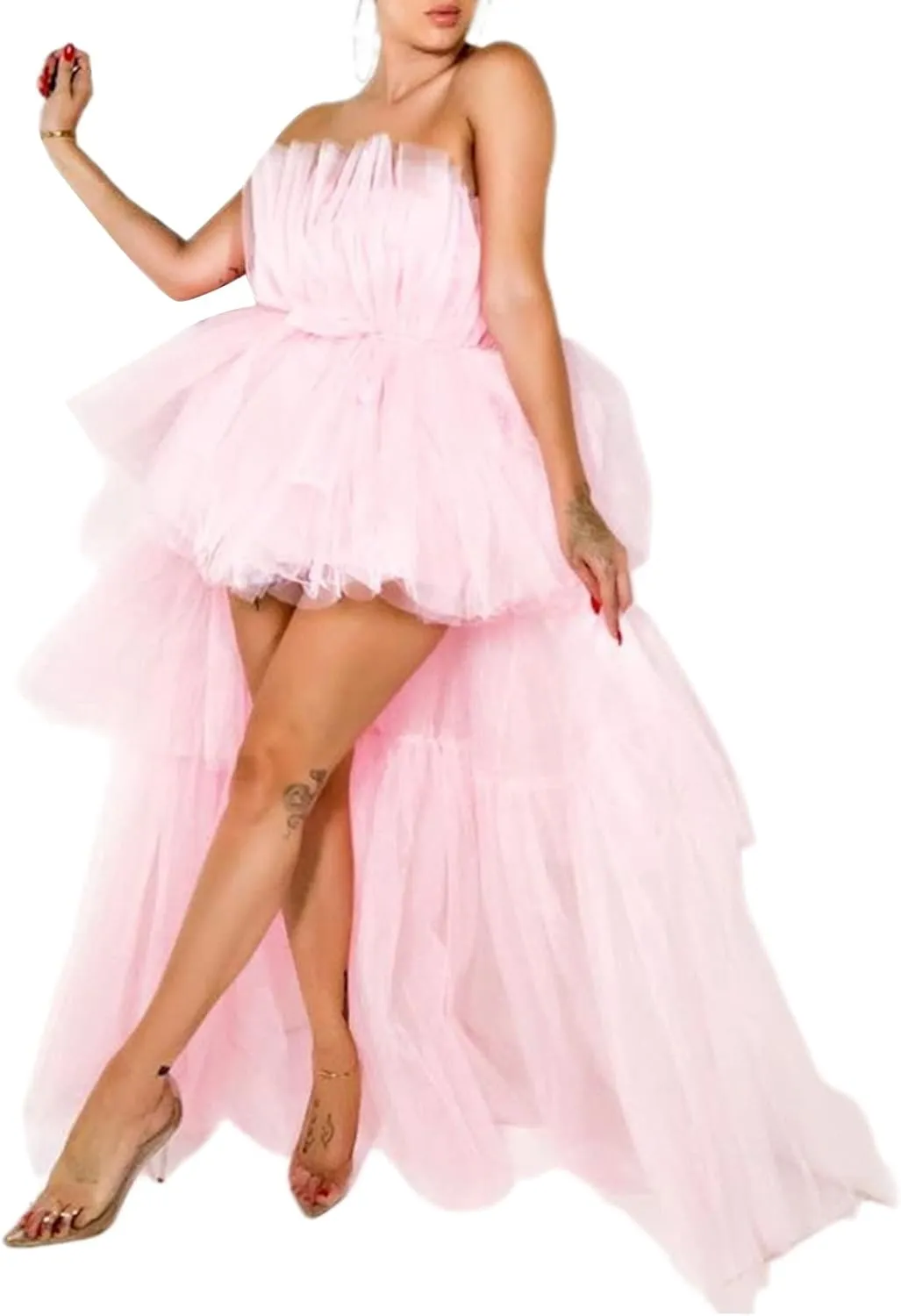 Women's Solid Color Mesh Skirt Tied-Up Irregular Tulle Skirt Layered Maxi Dress Ruffle Tulle Long Tiered A-line Skirt