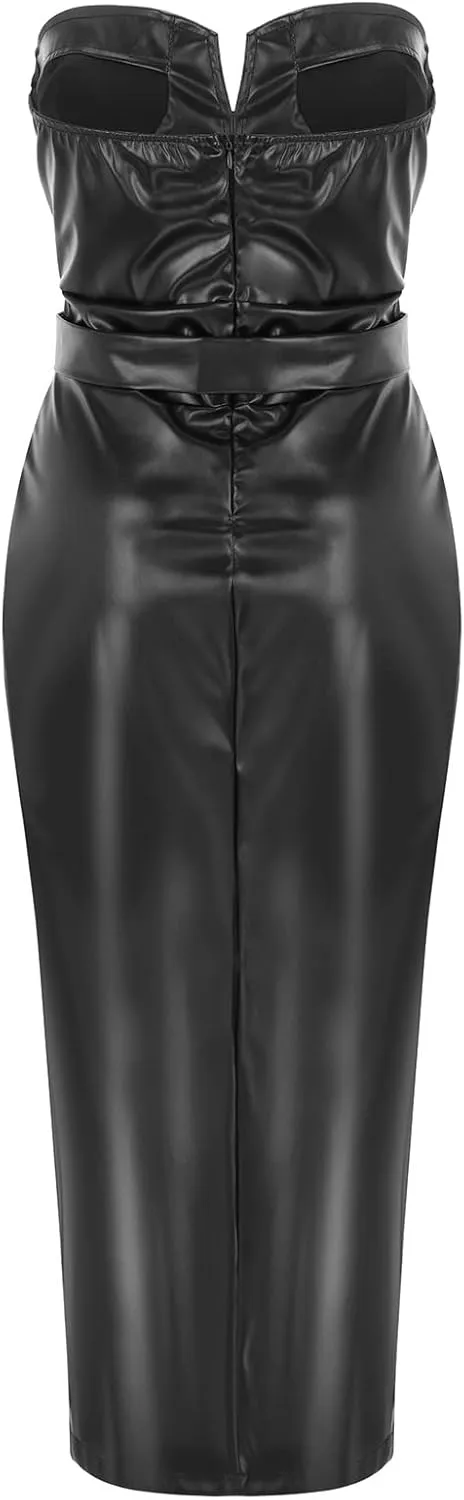 Women'S Solid Color Waist Lacing Sexy Tight Dress Hem Open Studded Dress Leather Dress Casual Skirts for Women
