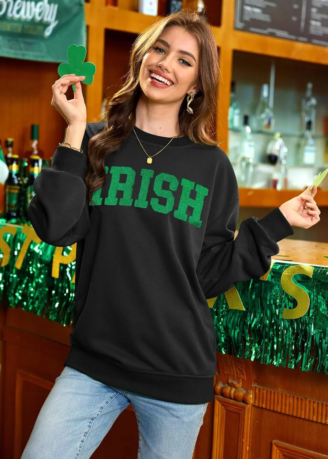 Womens St Patricks Long Sleeve Shirt Shamrock Graphic Irish Crewneck Sweatshirts