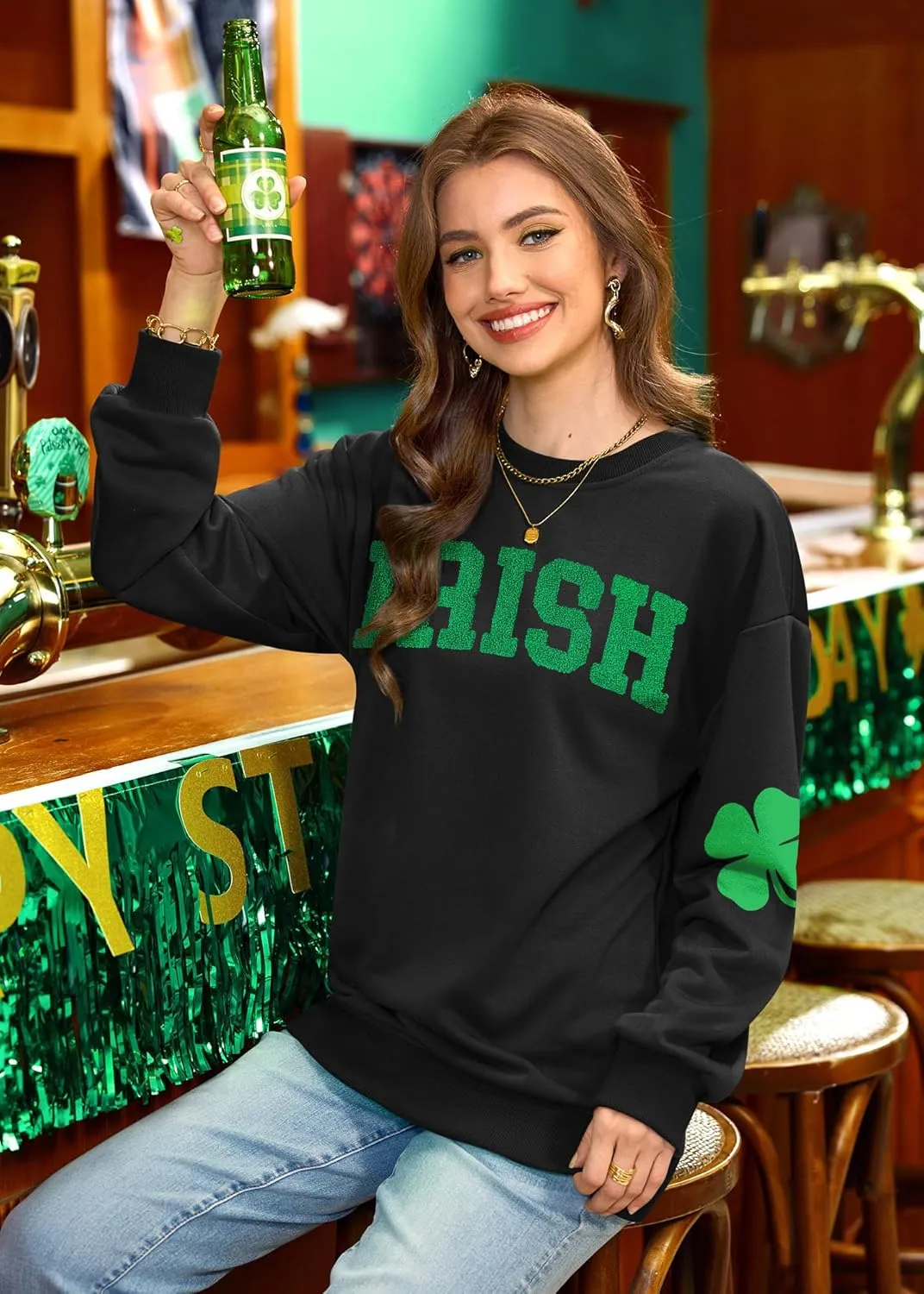 Womens St Patricks Long Sleeve Shirt Shamrock Graphic Irish Crewneck Sweatshirts