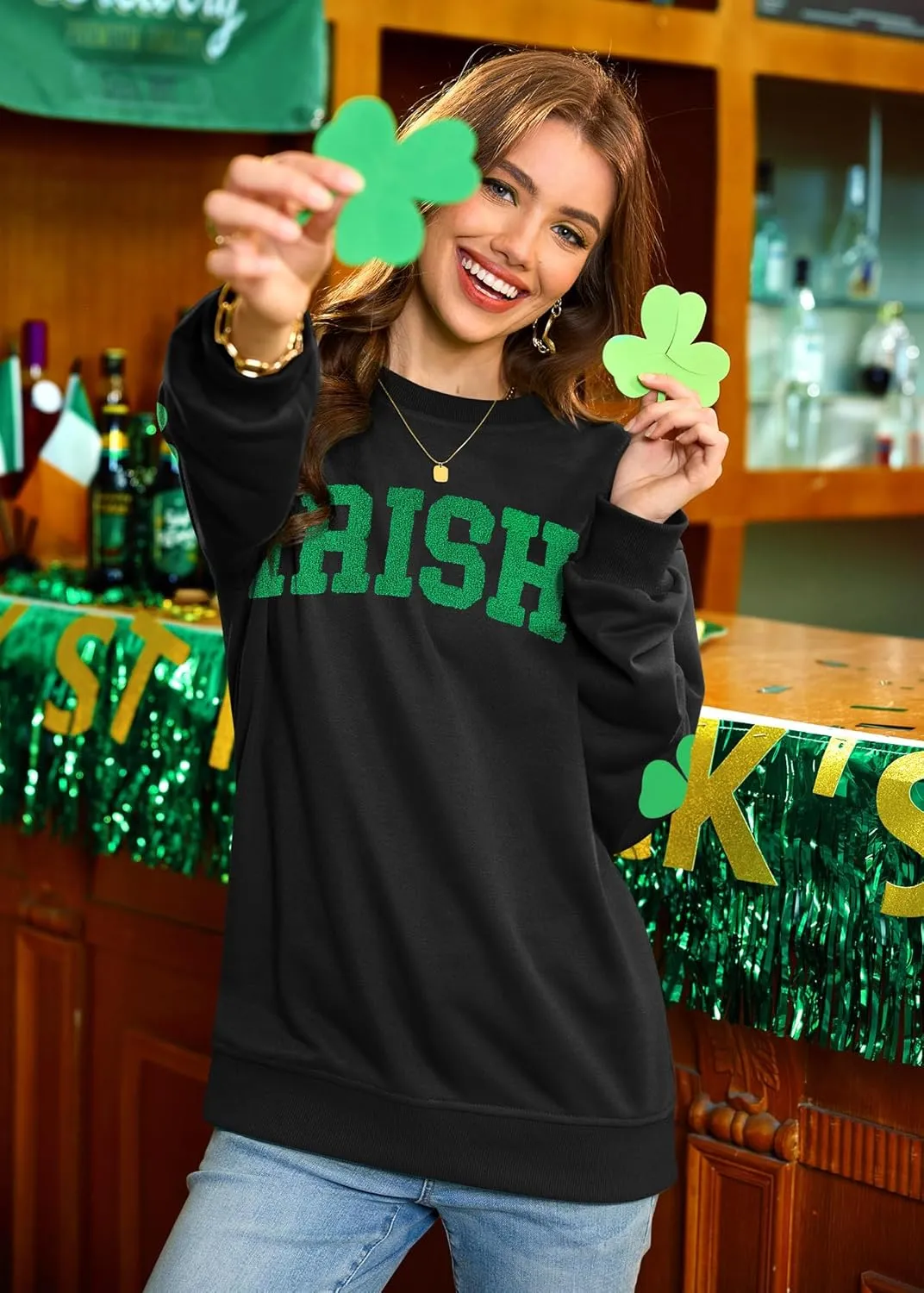Womens St Patricks Long Sleeve Shirt Shamrock Graphic Irish Crewneck Sweatshirts