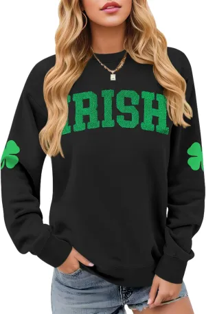 Womens St Patricks Long Sleeve Shirt Shamrock Graphic Irish Crewneck Sweatshirts