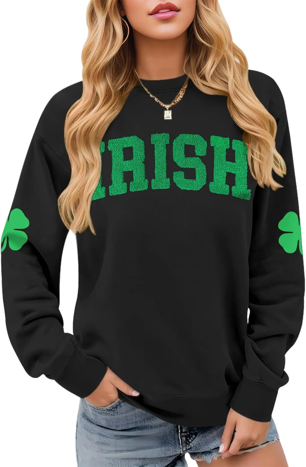 Womens St Patricks Long Sleeve Shirt Shamrock Graphic Irish Crewneck Sweatshirts