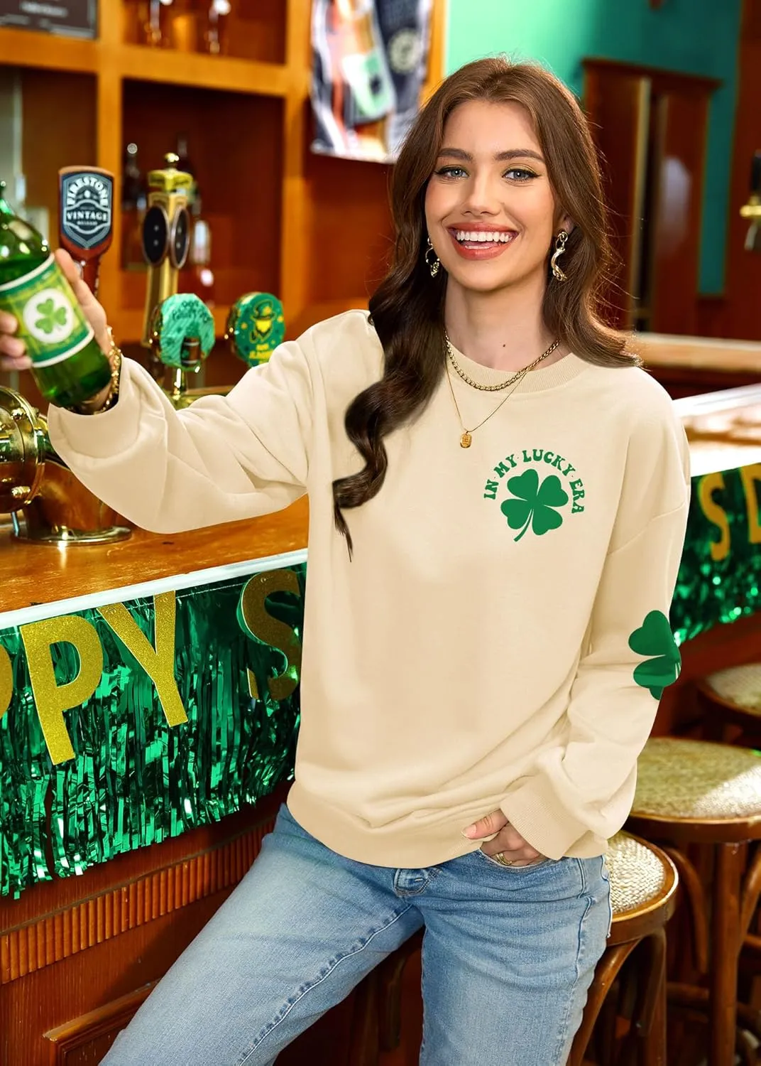 Womens St Patricks Long Sleeve Shirt Shamrock Graphic Irish Crewneck Sweatshirts
