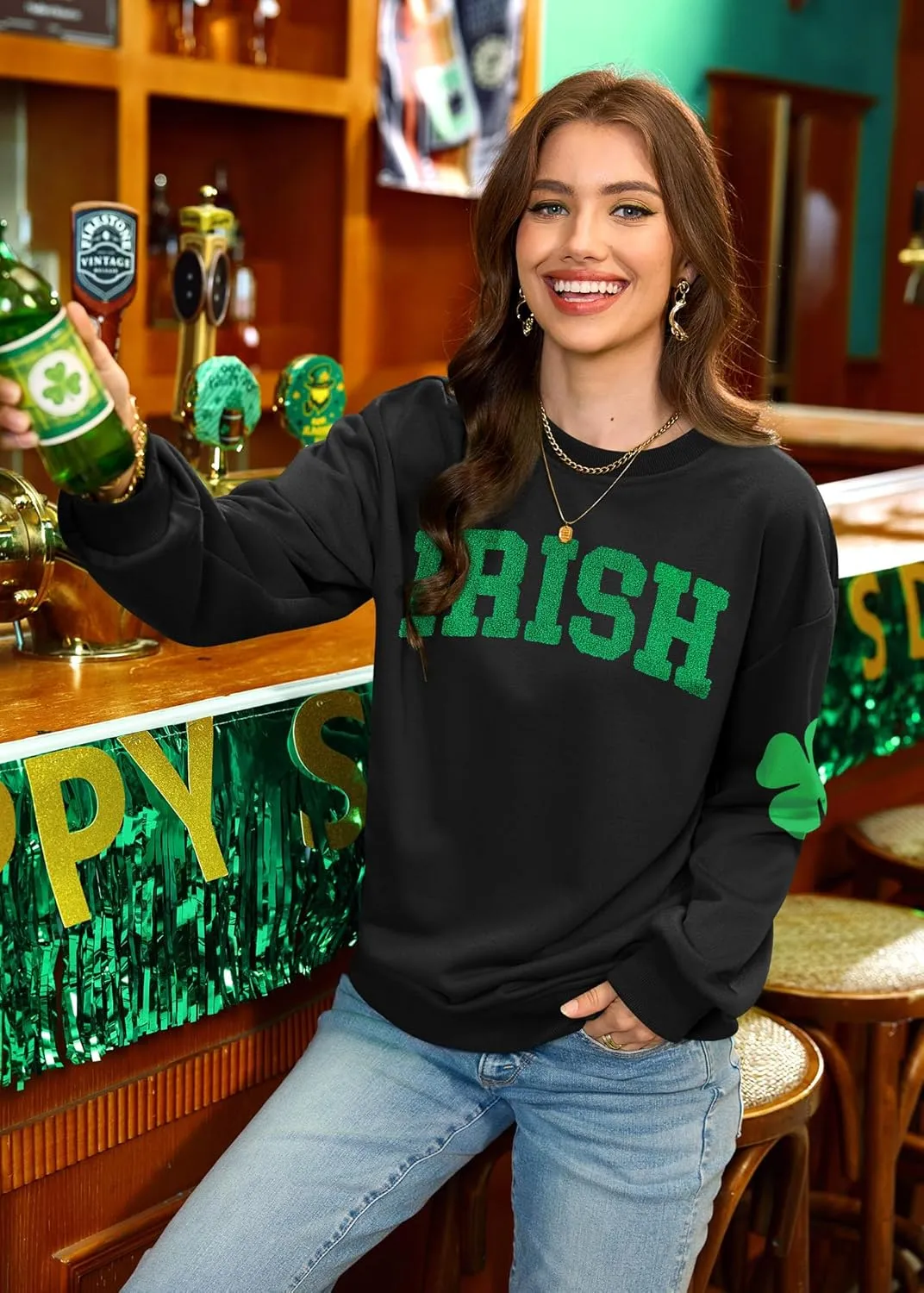 Womens St Patricks Long Sleeve Shirt Shamrock Graphic Irish Crewneck Sweatshirts