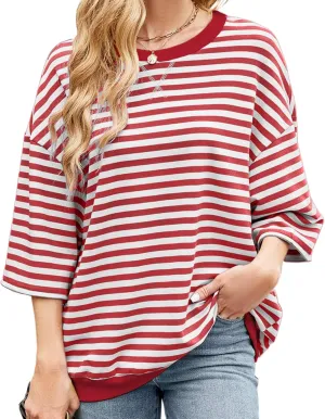 Womens Striped Oversized Sweatshirt Color Block Long Sleeve Crew Neck Sweatshirt Convertible Short Sleeve Pullover Y2K