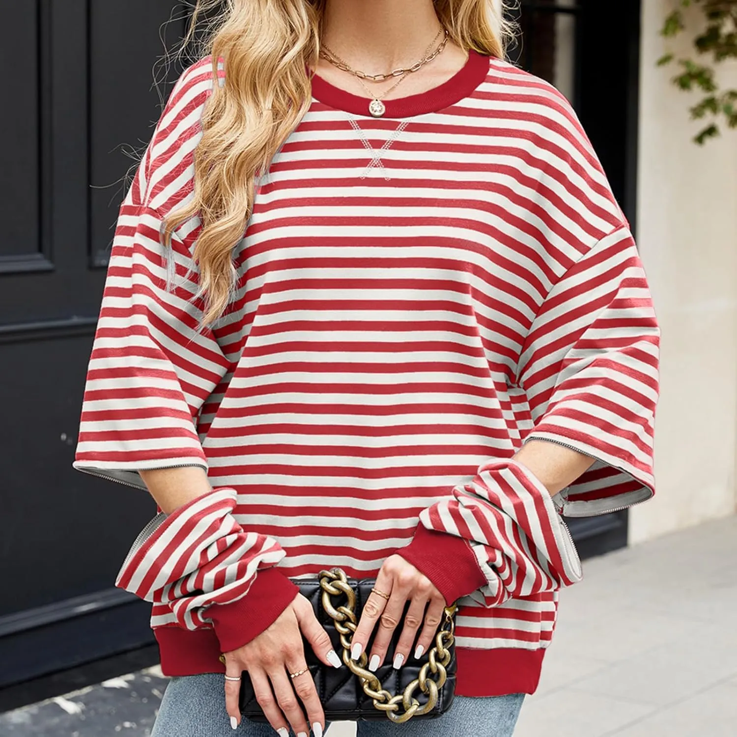 Womens Striped Oversized Sweatshirt Color Block Long Sleeve Crew Neck Sweatshirt Convertible Short Sleeve Pullover Y2K