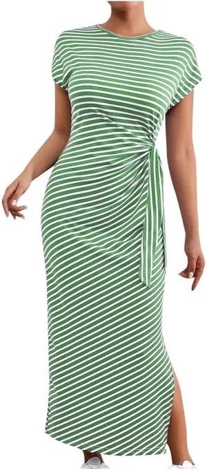 Women's Striped Round Neck Midi Dress Casual Fashion Color Block Short Sleeve Side Tie Knot Split Long Travel Dresses