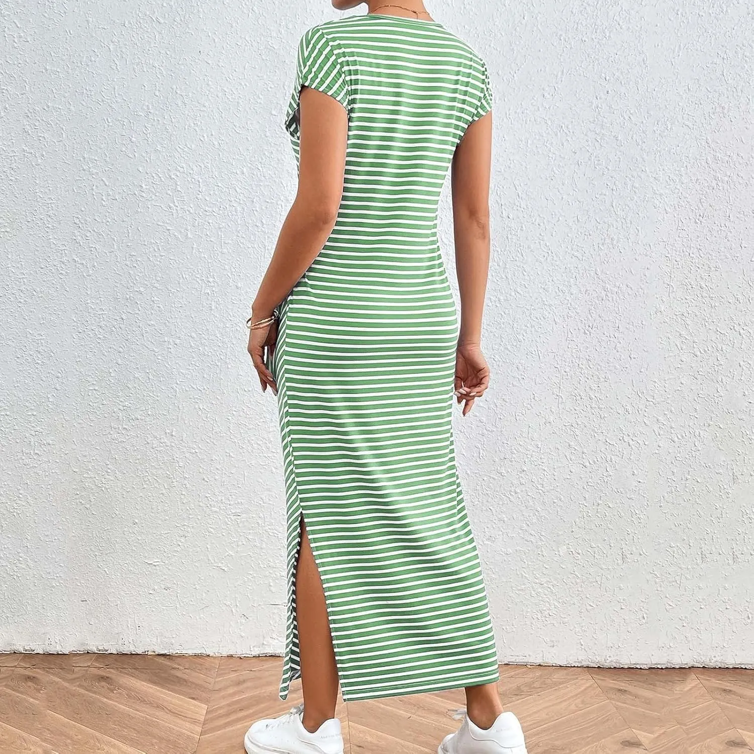 Women's Striped Round Neck Midi Dress Casual Fashion Color Block Short Sleeve Side Tie Knot Split Long Travel Dresses