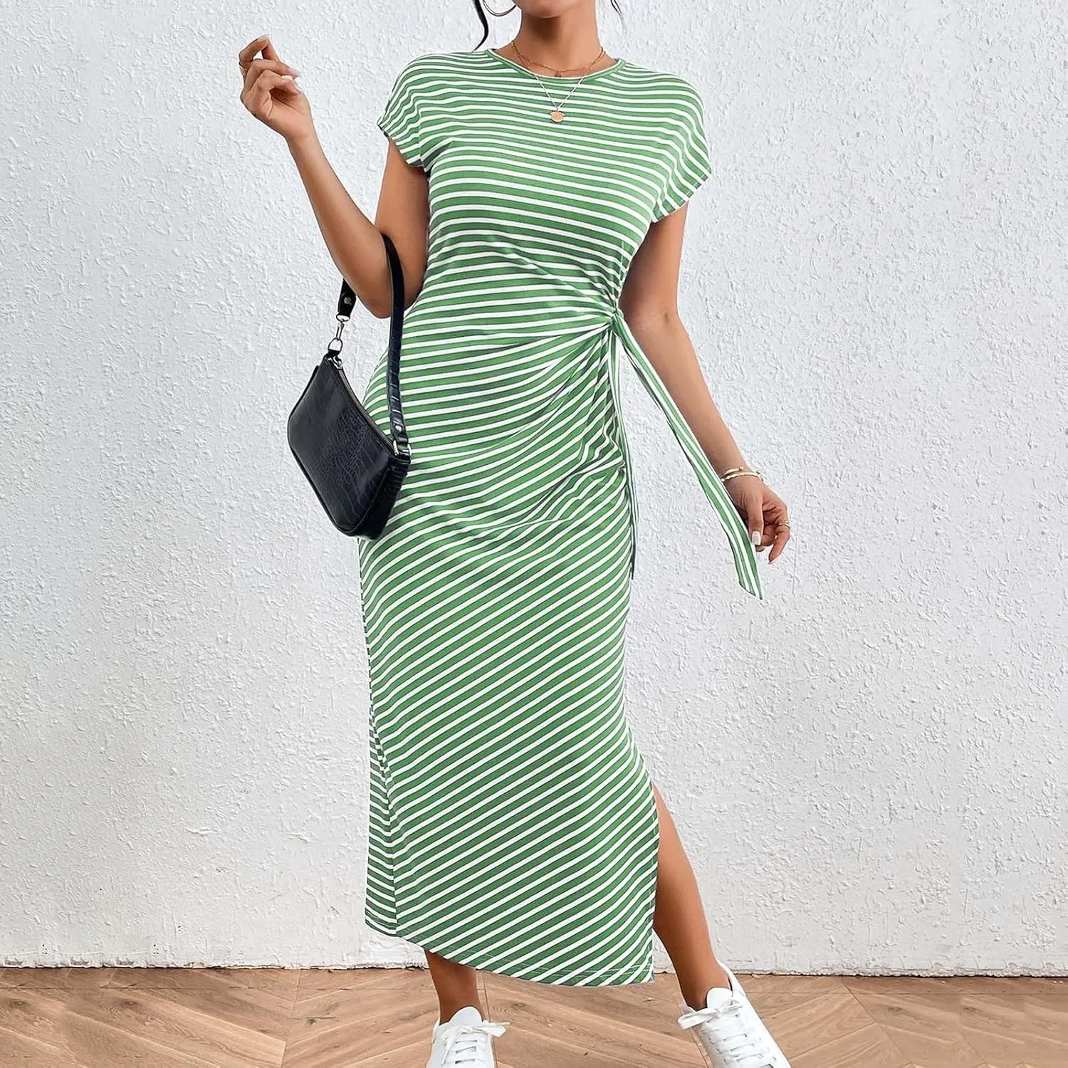 Women's Striped Round Neck Midi Dress Casual Fashion Color Block Short Sleeve Side Tie Knot Split Long Travel Dresses
