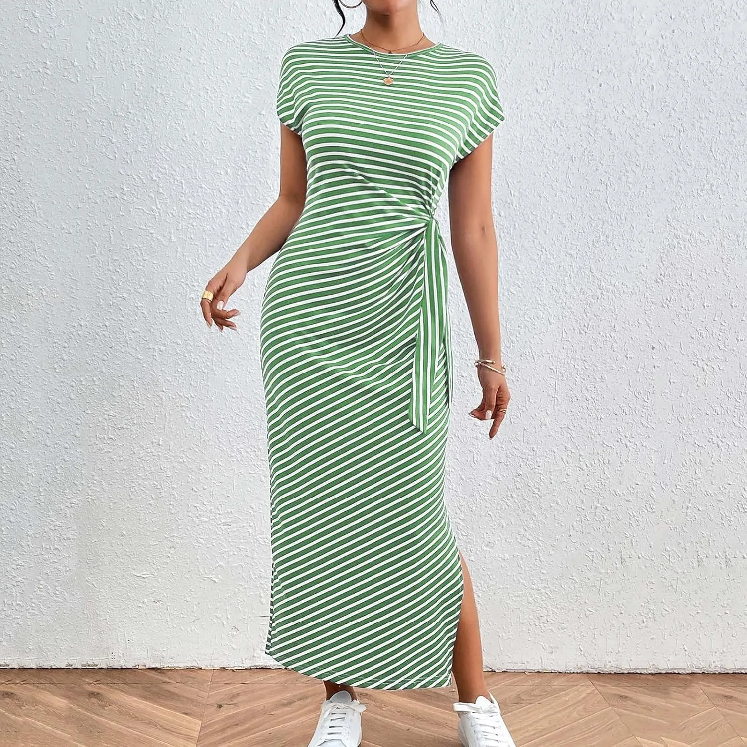 Women's Striped Round Neck Midi Dress Casual Fashion Color Block Short Sleeve Side Tie Knot Split Long Travel Dresses