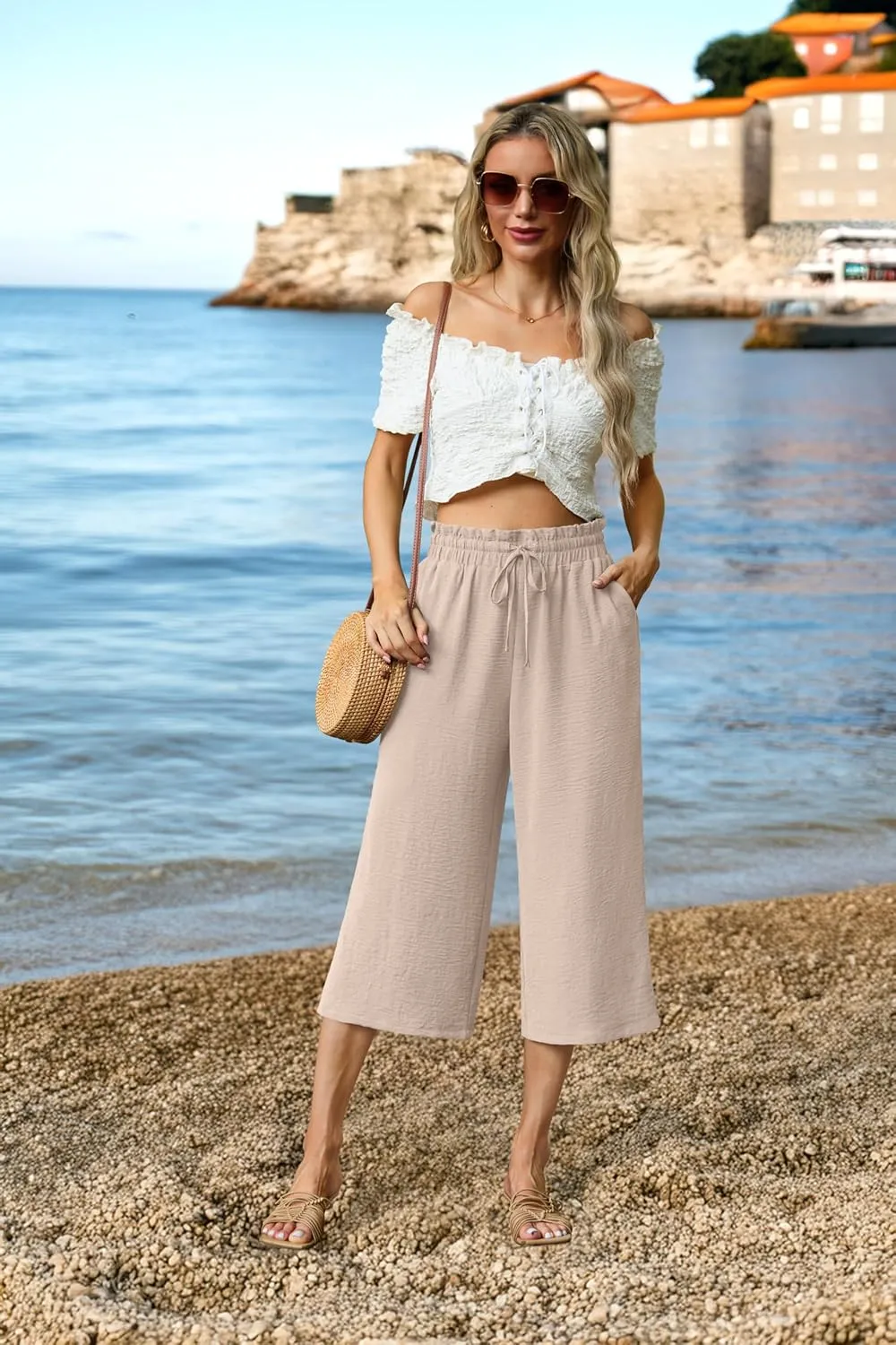 Womens Summer 3/4 Pants Flowy High Waisted Loose Casual Lounge Pant Wide Leg Palazzo Capris Adjustable with Pockets