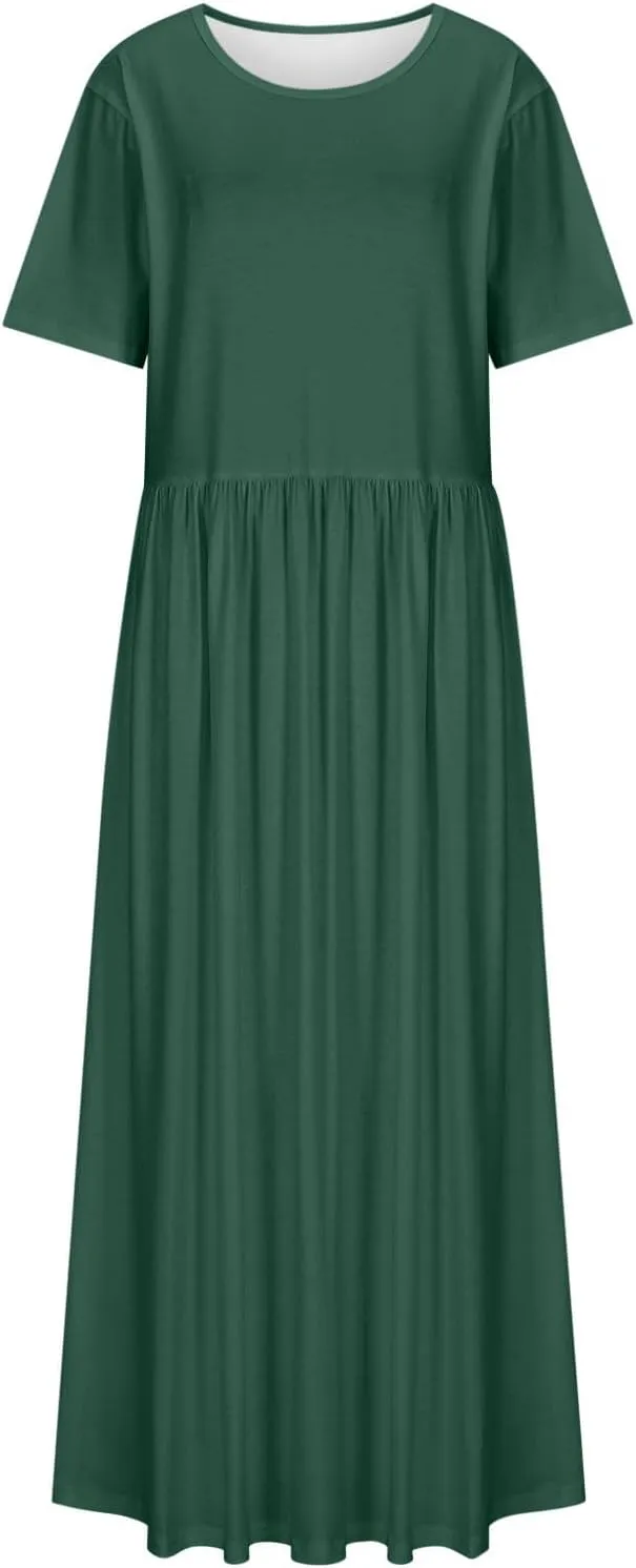 Women's Summer Casual Long Maxi Dress Short Sleeve Crew Neck Loose Dresses Fashion High Waist Beach Vacation Sundress